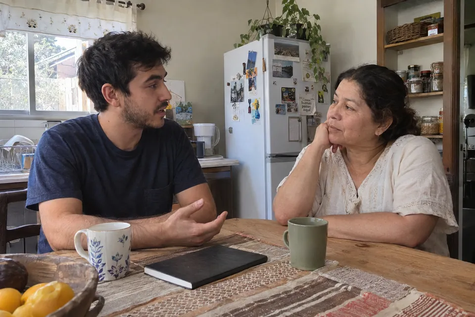 Un adulto joven y su madre conversan con calma en la mesa de su hogar.