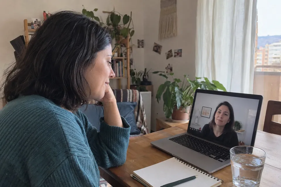 Una mujer conversa por videollamada desde su hogar, con un cuaderno junto al computador.