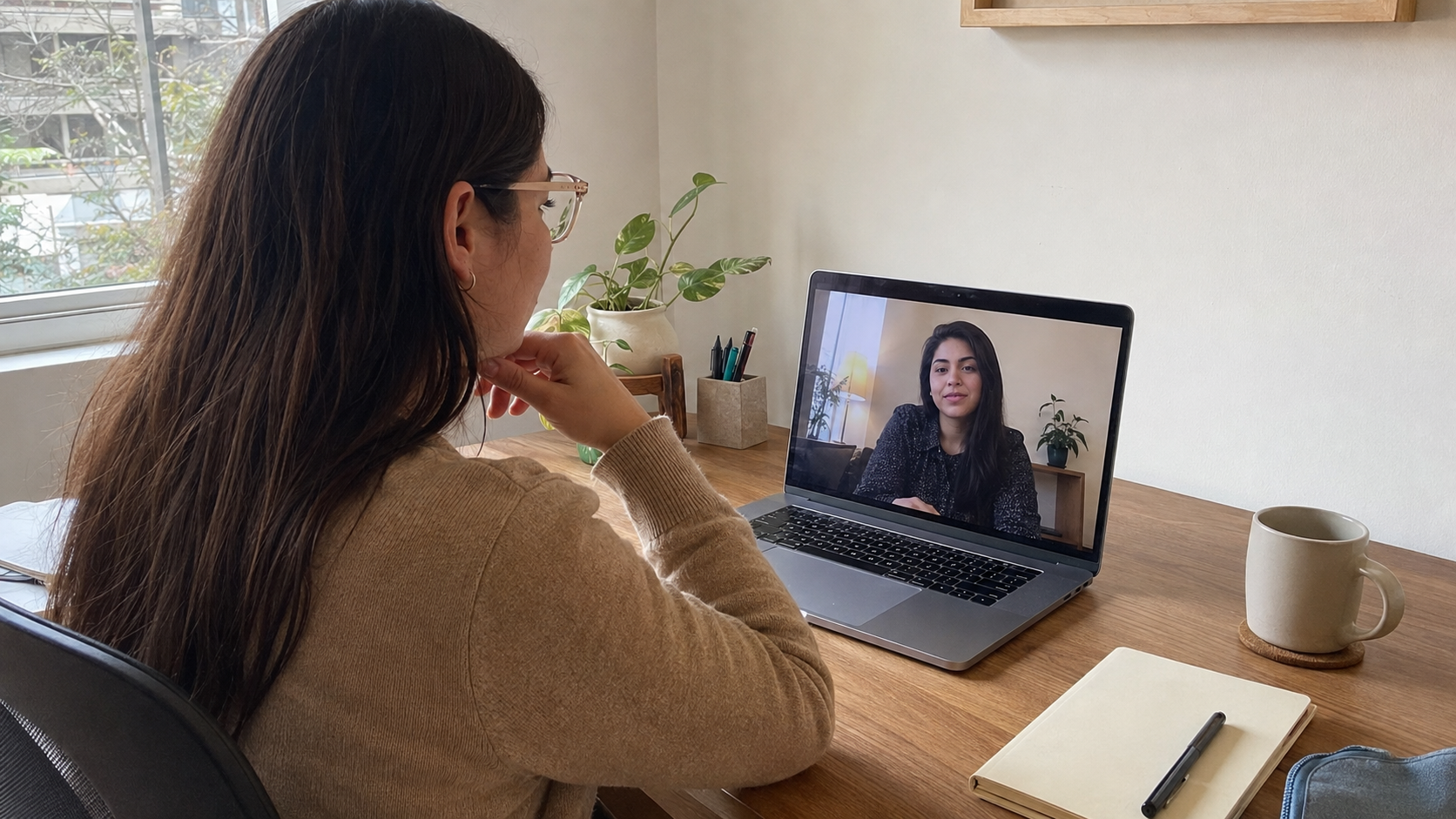 Paciente conversa por videollamada con su psicóloga desde un espacio privado