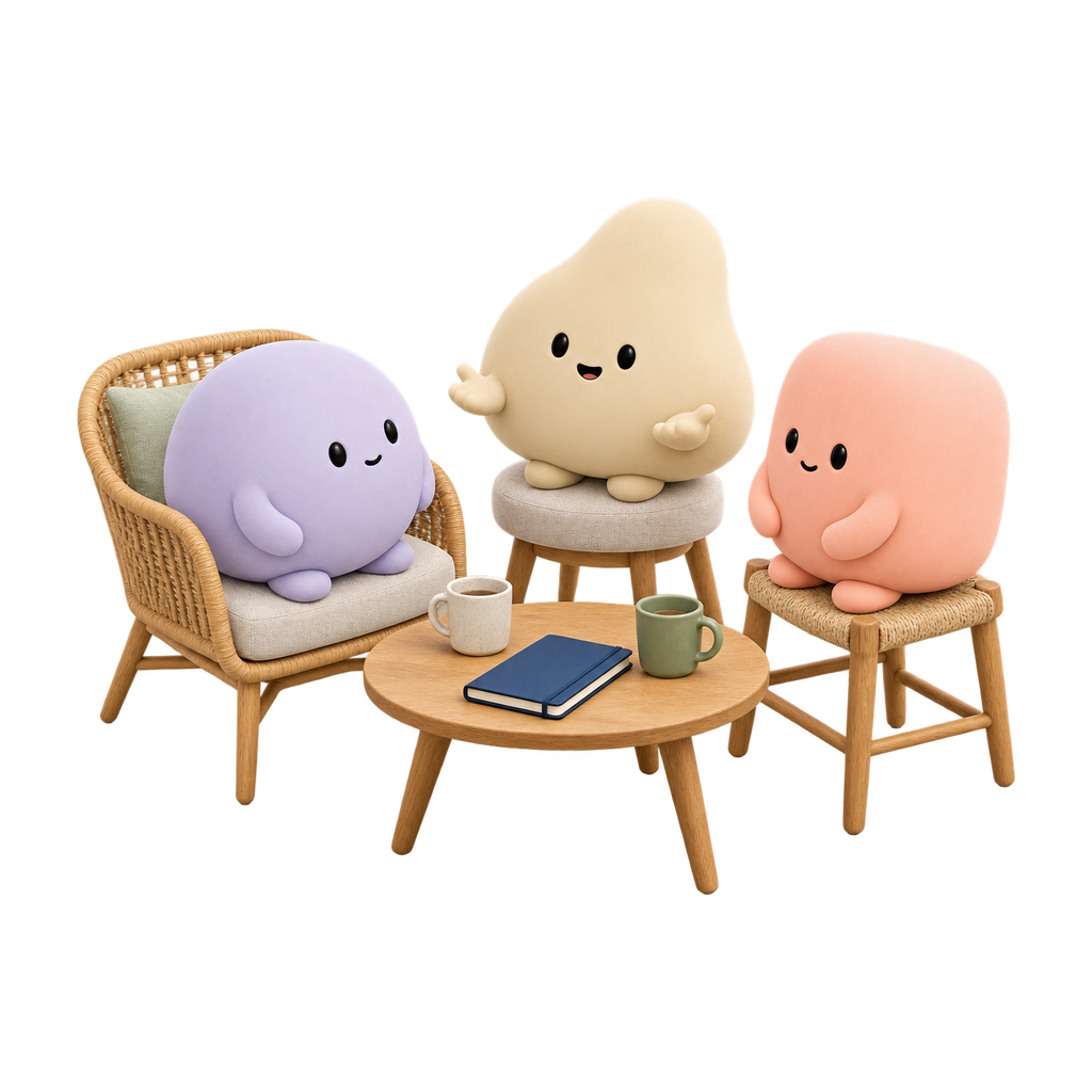 Tres mascotas conversan en un círculo de apoyo, escuchándose con respeto.