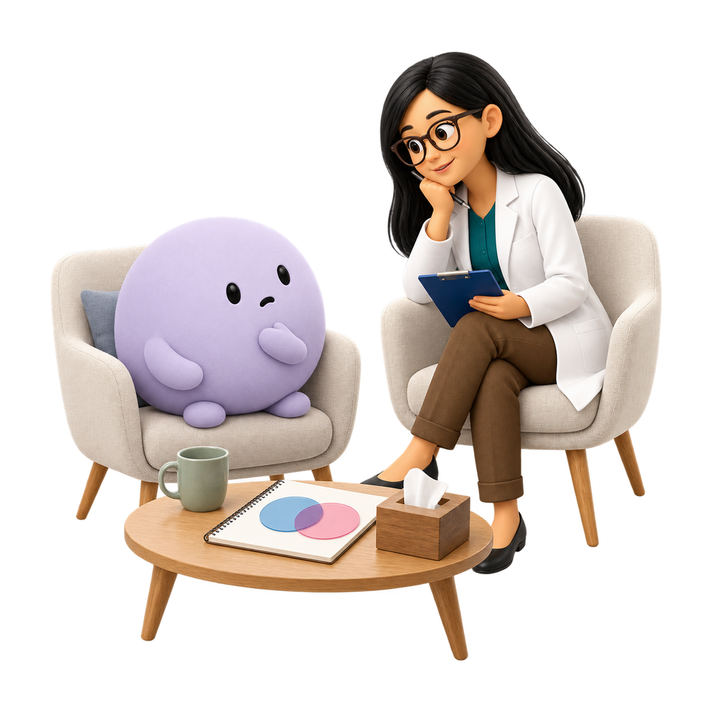 La psicóloga escucha a la mascota violeta junto a un esquema de áreas que se superponen.