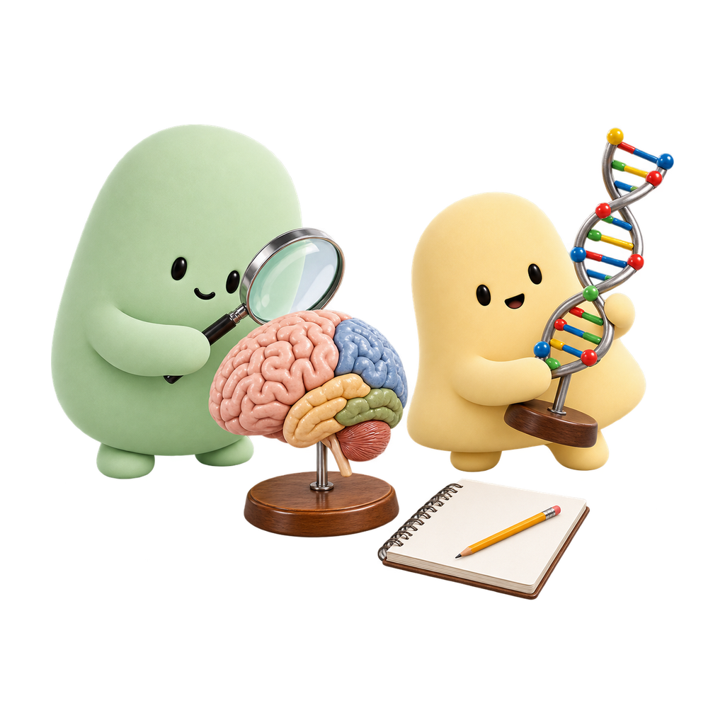 Las mascotas verde y amarilla exploran modelos del cerebro y del ADN.