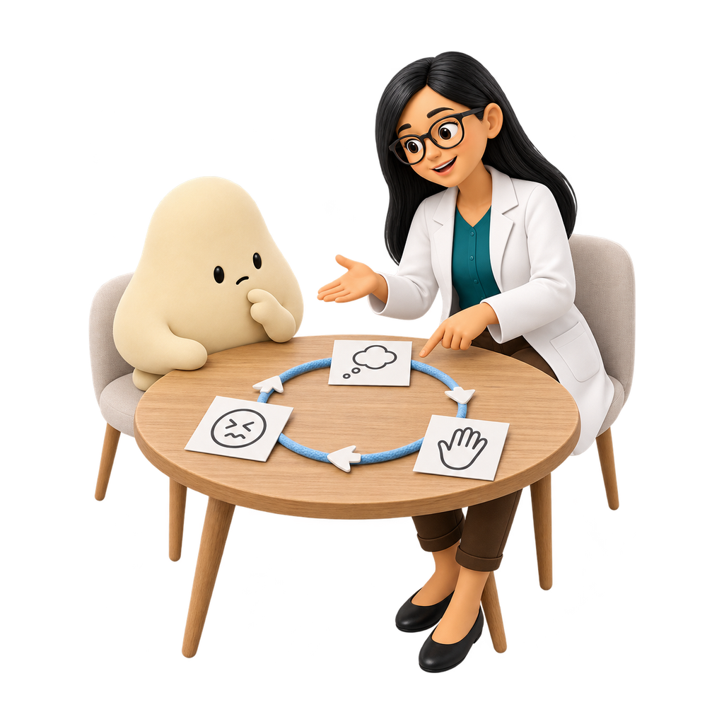 La psicóloga explica a la mascota crema el ciclo de pensamientos, malestar y rituales con un esquema sobre una mesa.