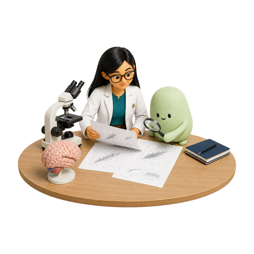 La psicóloga y la mascota verde comparan gráficos de investigación junto a un microscopio y un modelo cerebral.