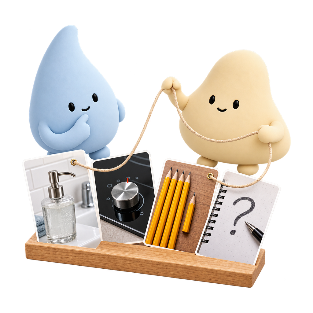 Las mascotas azul y crema observan situaciones de limpieza, comprobación, orden y duda conectadas por un mismo ciclo.