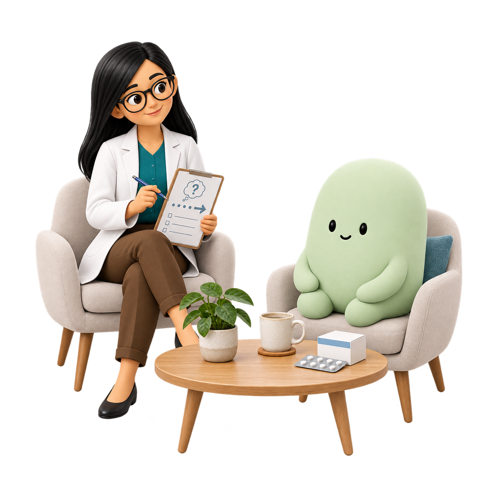 La psicóloga acompaña a la mascota verde durante una práctica terapéutica; una hoja de trabajo y medicación cerrada representan opciones de tratamiento.