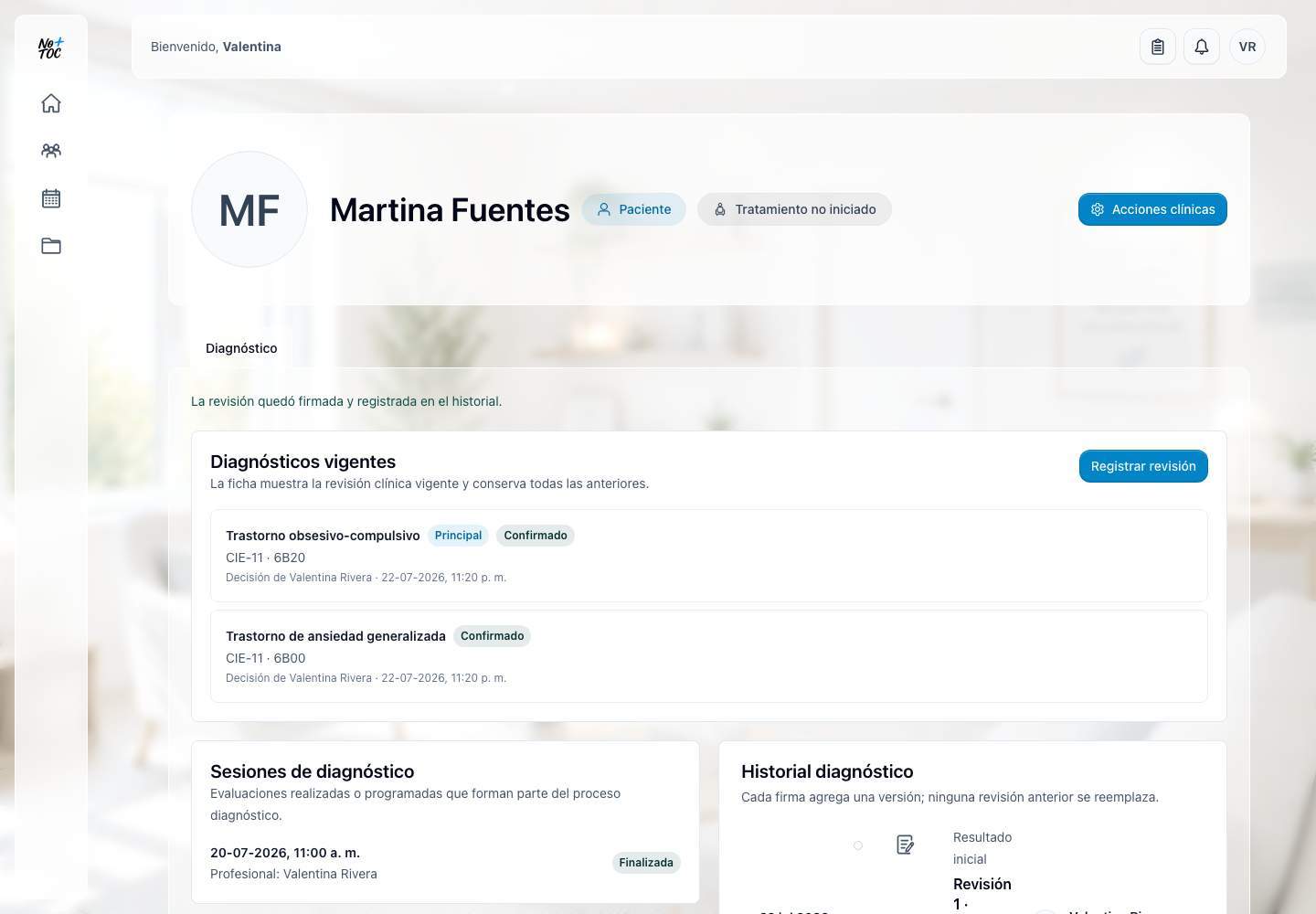 Vista demostrativa de una ficha profesional con diagnósticos vigentes y su historial de revisiones