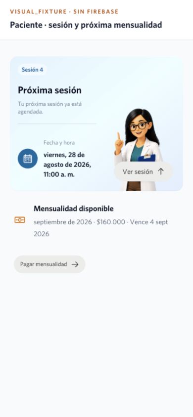 Vista móvil demostrativa del portal de paciente con la próxima sesión y una mensualidad disponible