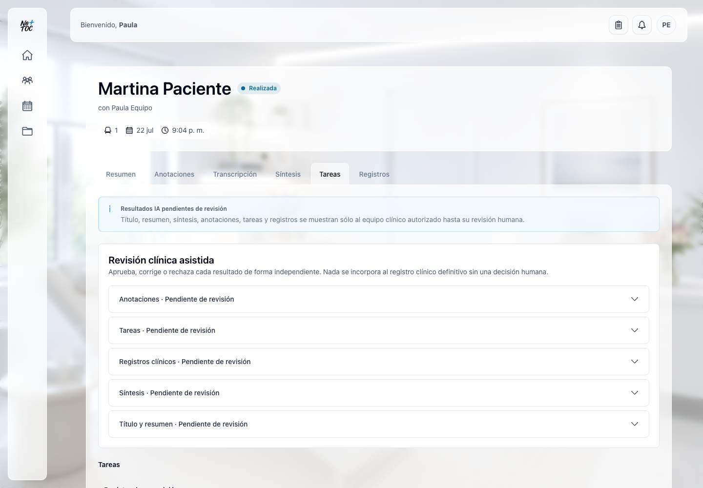 Vista demostrativa del espacio profesional para revisar por separado resultados asistidos por inteligencia artificial