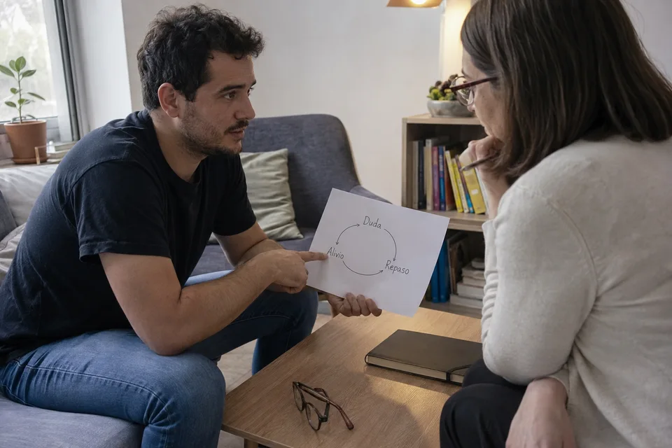 Un paciente explica cómo repasa mentalmente una duda mientras la psicóloga sigue la secuencia en sus notas.