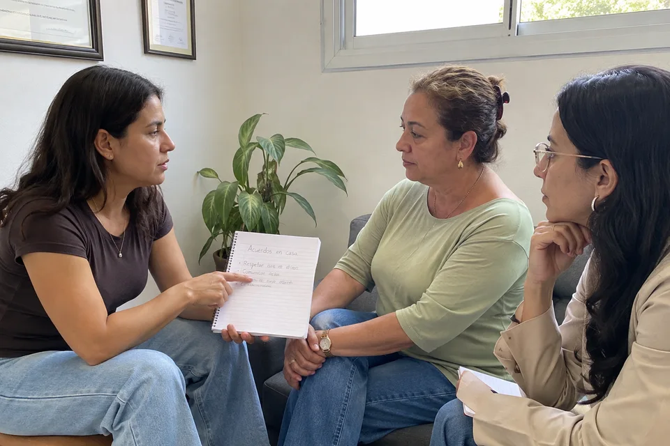 Una persona con TOC y su madre acuerdan con la psicóloga cómo acompañar las dificultades en casa.