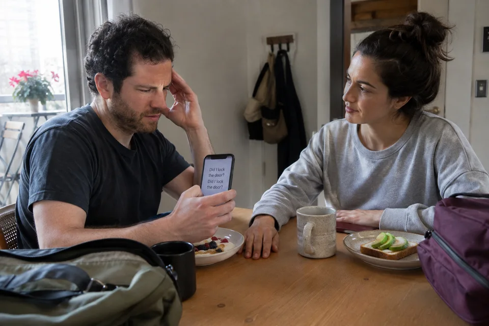 Una pareja mantiene la conversación mientras aparece la urgencia de volver a comprobar un mensaje.