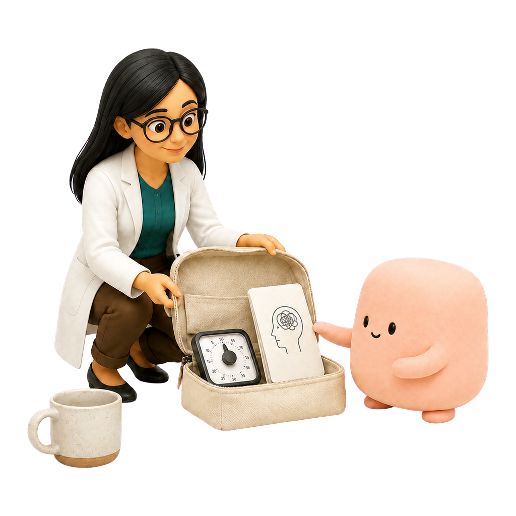 La psicóloga presenta a la mascota coral materiales para conversar sobre una posible práctica.