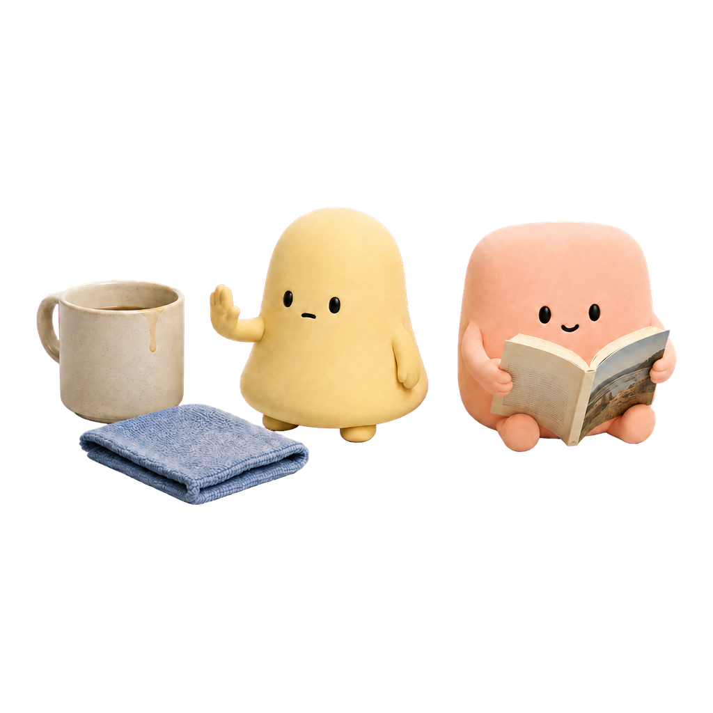 La mascota amarilla deja una taza sin volver a limpiarla mientras la coral continúa leyendo.