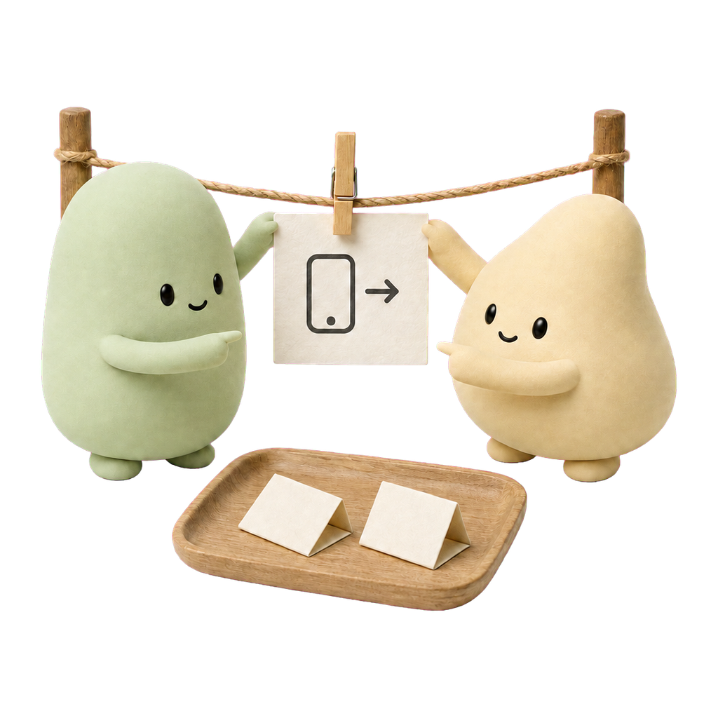 Las mascotas verde y crema preparan un único recordatorio para un acuerdo familiar.