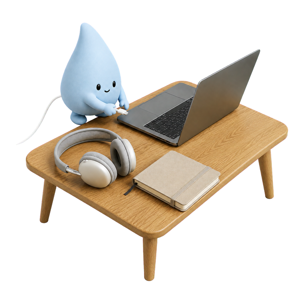 La mascota azul prepara los audífonos, la conexión y sus notas para una sesión online.