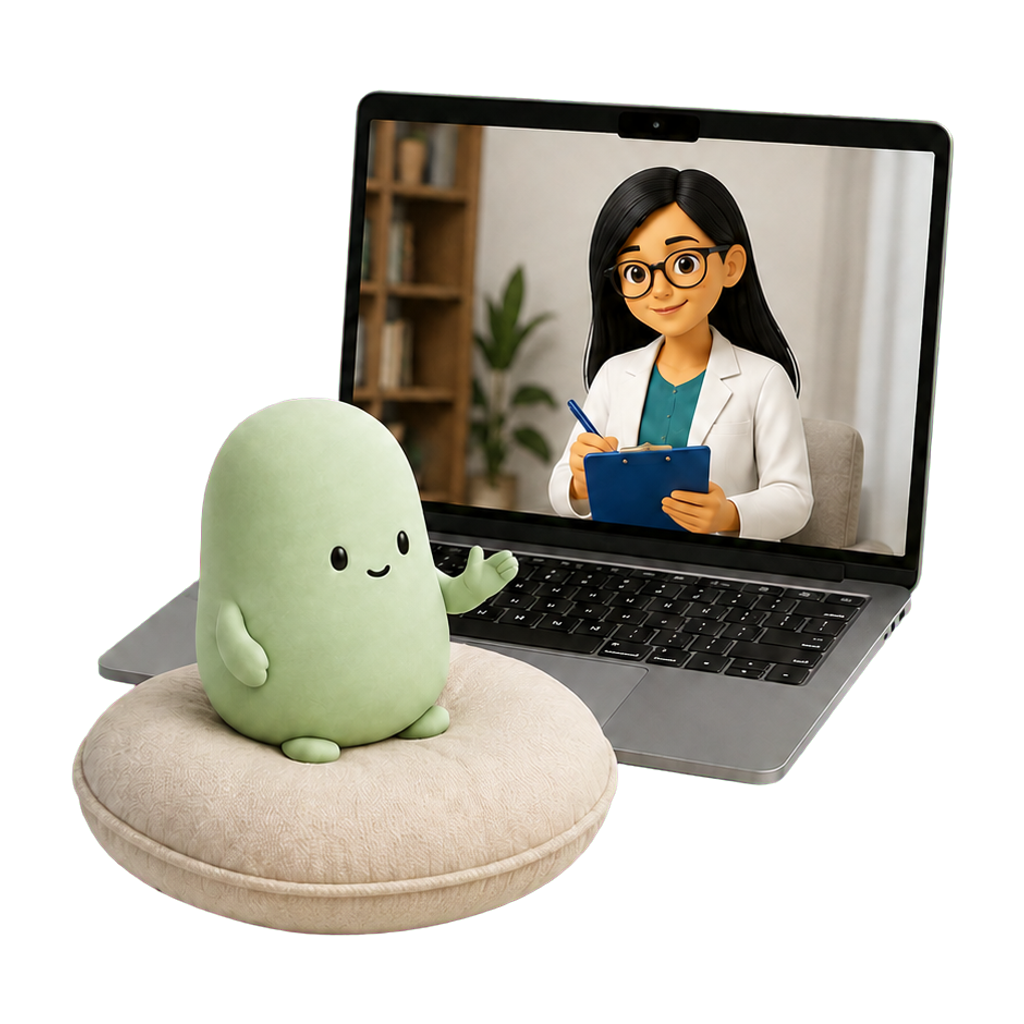 La mascota verde conversa por videollamada con la psicóloga desde un lugar cómodo.