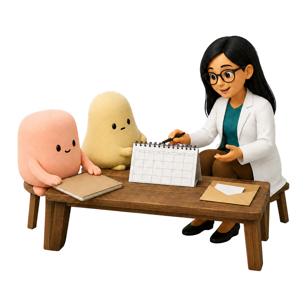La psicóloga y las mascotas amarilla y coral conversan sobre cómo organizar las sesiones.