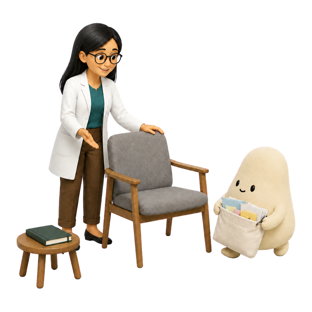 La mascota crema llega con sus notas y la psicóloga le ofrece un lugar para comenzar a conversar.