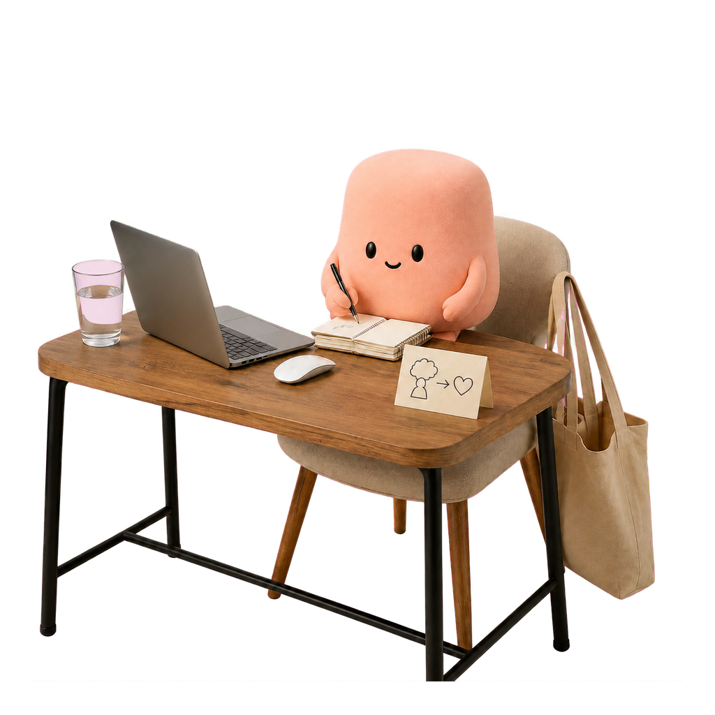 La mascota coral retoma su cuaderno después de enviar un mensaje, practicando sin volver a comprobar.