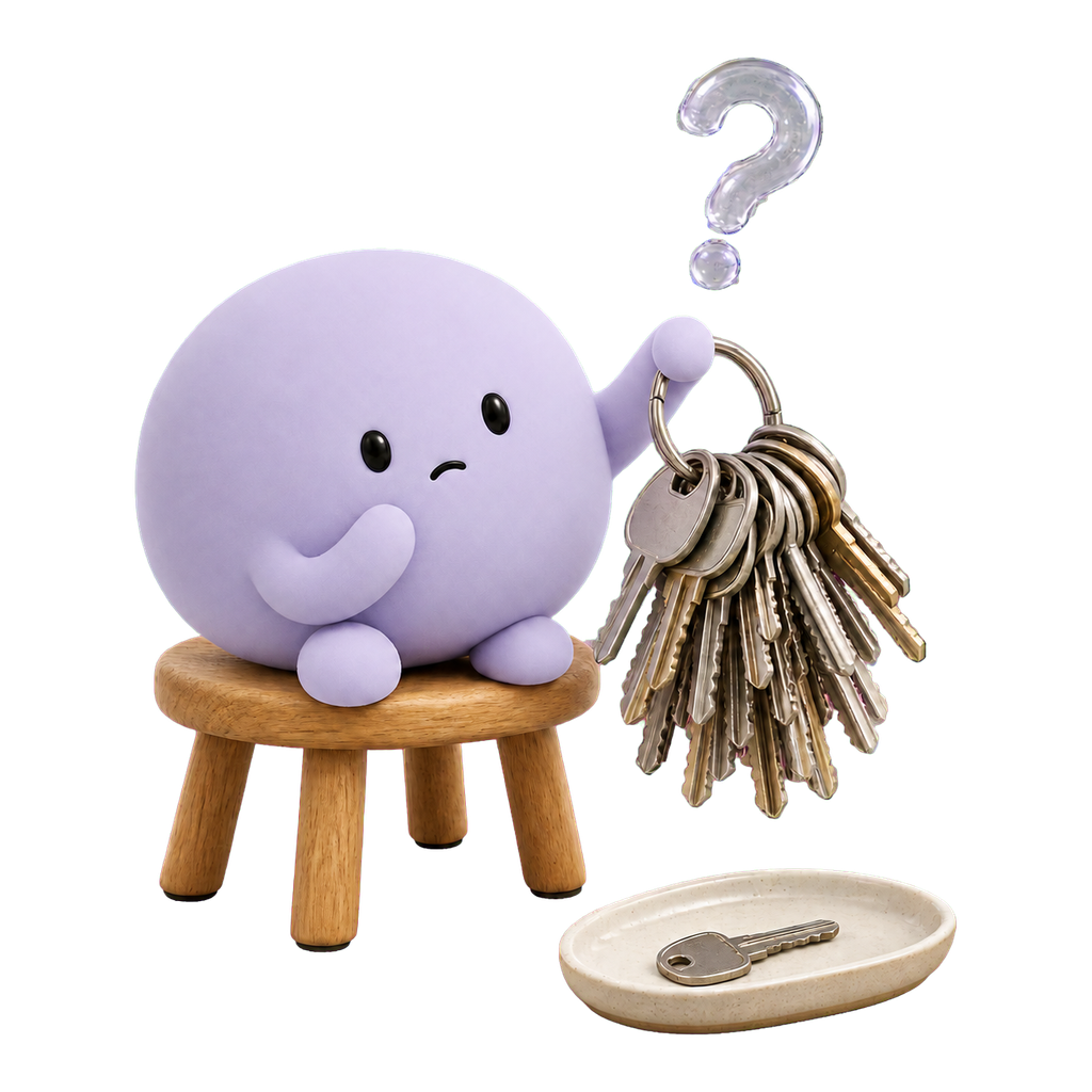 La mascota lila observa un manojo de llaves repetidas y deja de probar cada una para obtener certeza.