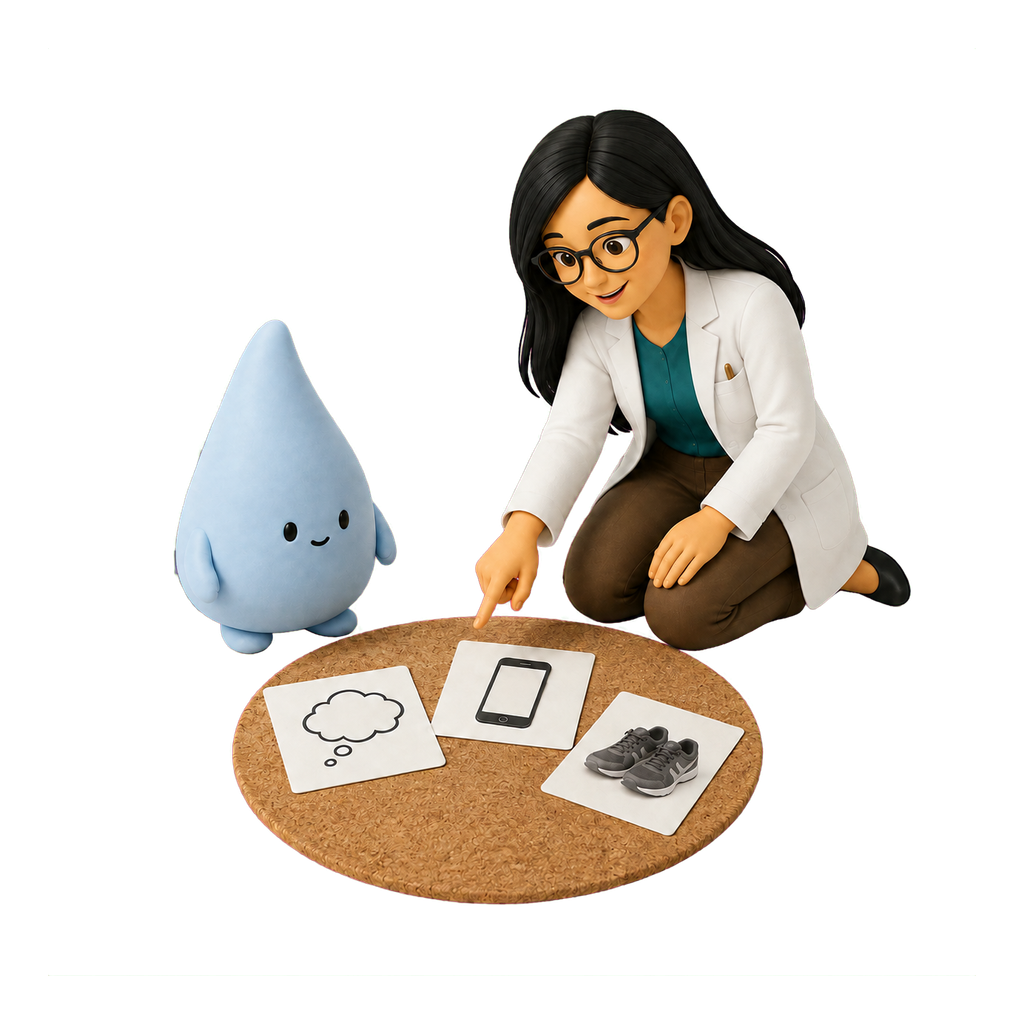 La mascota azul y la psicóloga organizan ejemplos cotidianos para comprender qué trabajar en terapia.
