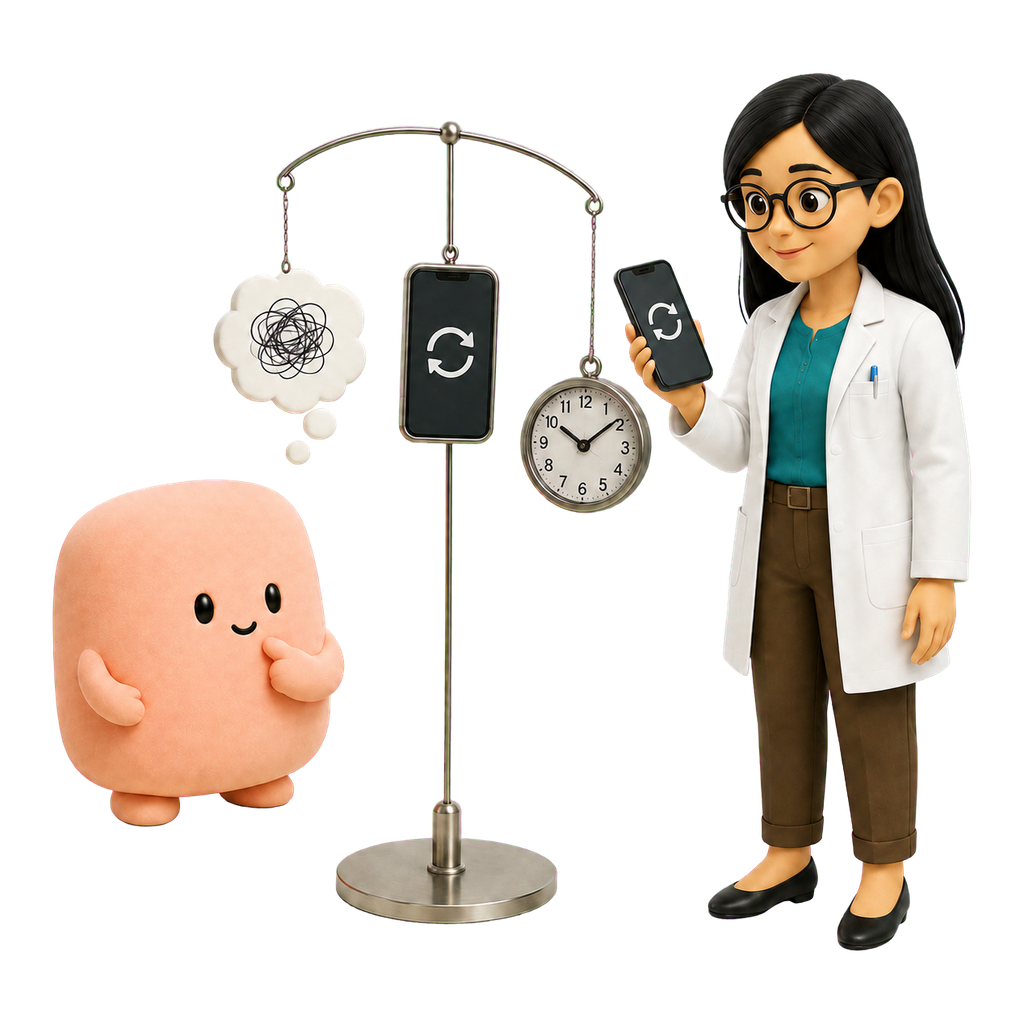 La mascota coral y la psicóloga observan la relación entre una duda, las comprobaciones y el tiempo.
