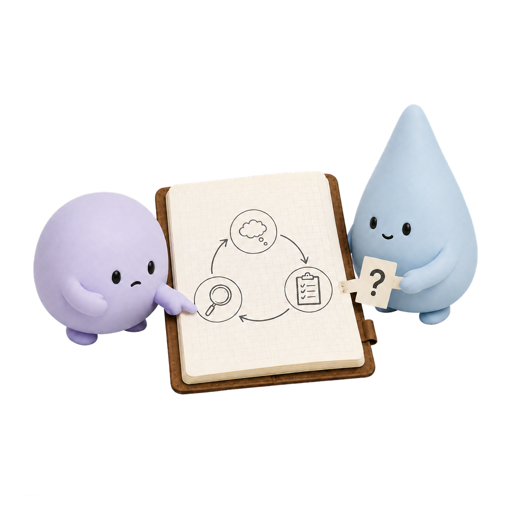 Las mascotas lila y azul revisan sus dudas sobre el ciclo de pensamientos y comprobaciones.