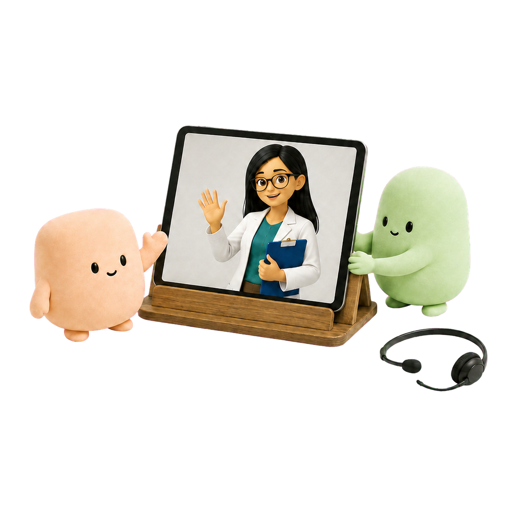La mascota coral saluda a la psicóloga por video con apoyo de la mascota verde.