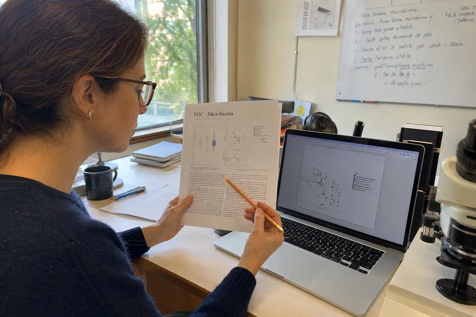 Una investigadora compara resultados preliminares sobre TOC y microbioma.