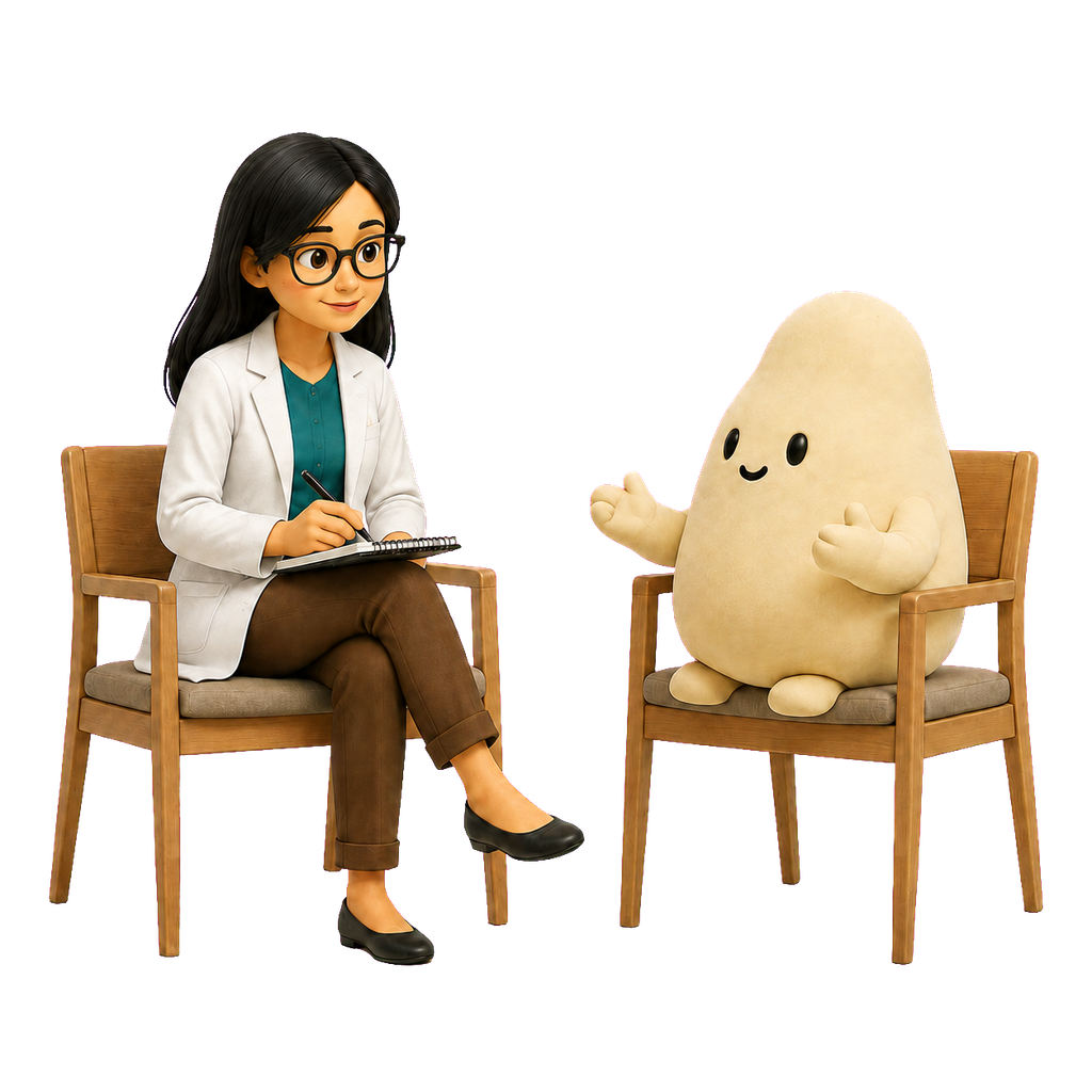 Una psicóloga escucha las preguntas de la mascota crema durante una consulta.