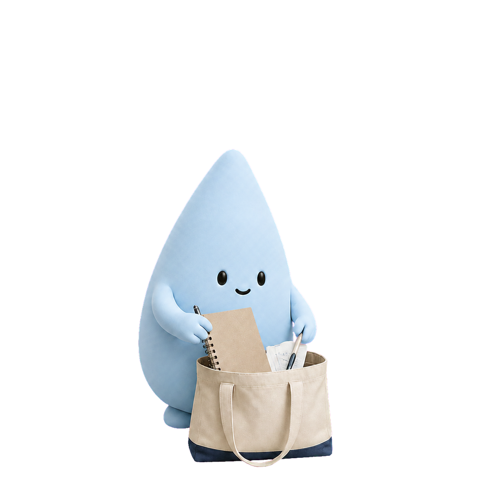 Mascota azul prepara notas y antecedentes para una consulta.