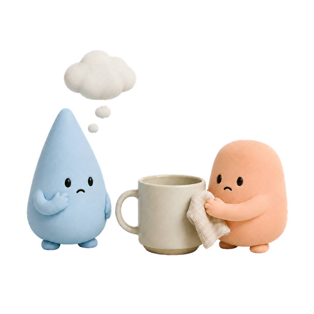 Mascota azul preocupada y mascota coral repasan la limpieza de una taza.