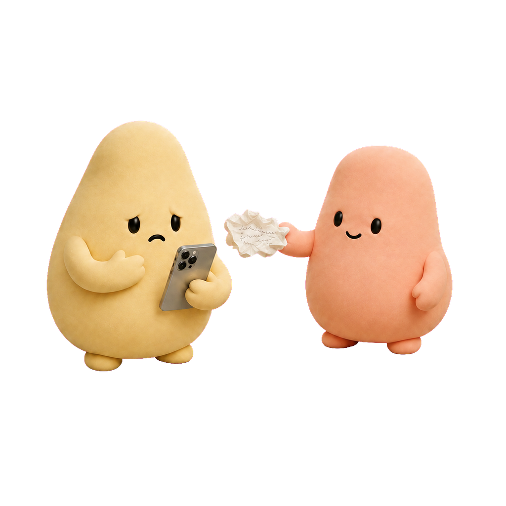Mascotas crema y coral vuelven a revisar un mensaje y sus notas.