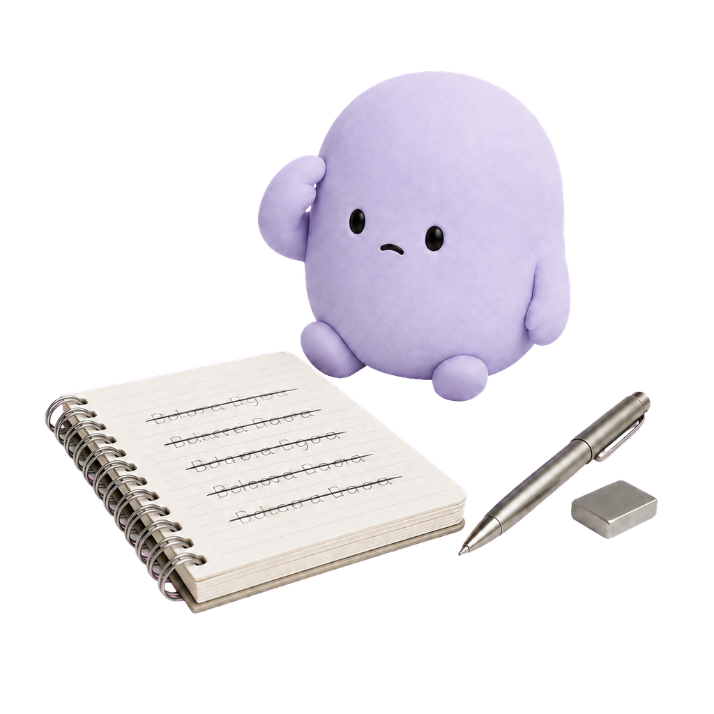 Mascota lila repasa mentalmente unas notas repetidas.