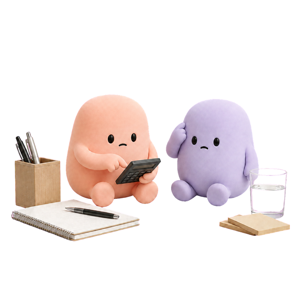 Mascota coral comprueba una calculadora mientras la lila revisa mentalmente.