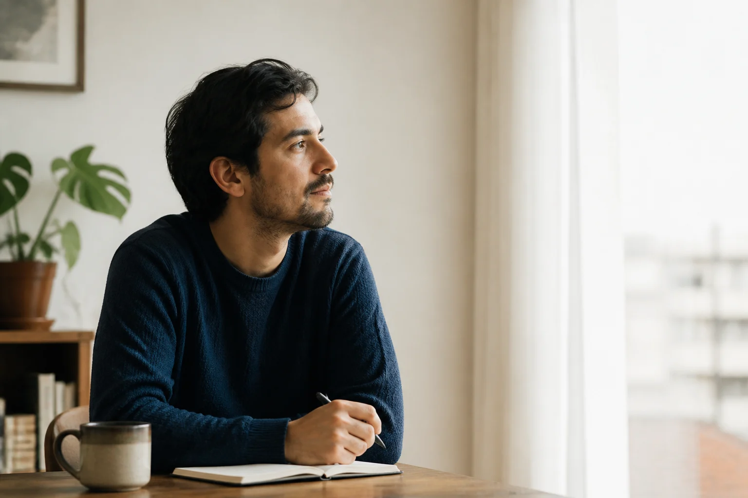 Hombre sentado junto a una ventana luminosa con un cuaderno sobre las piernas