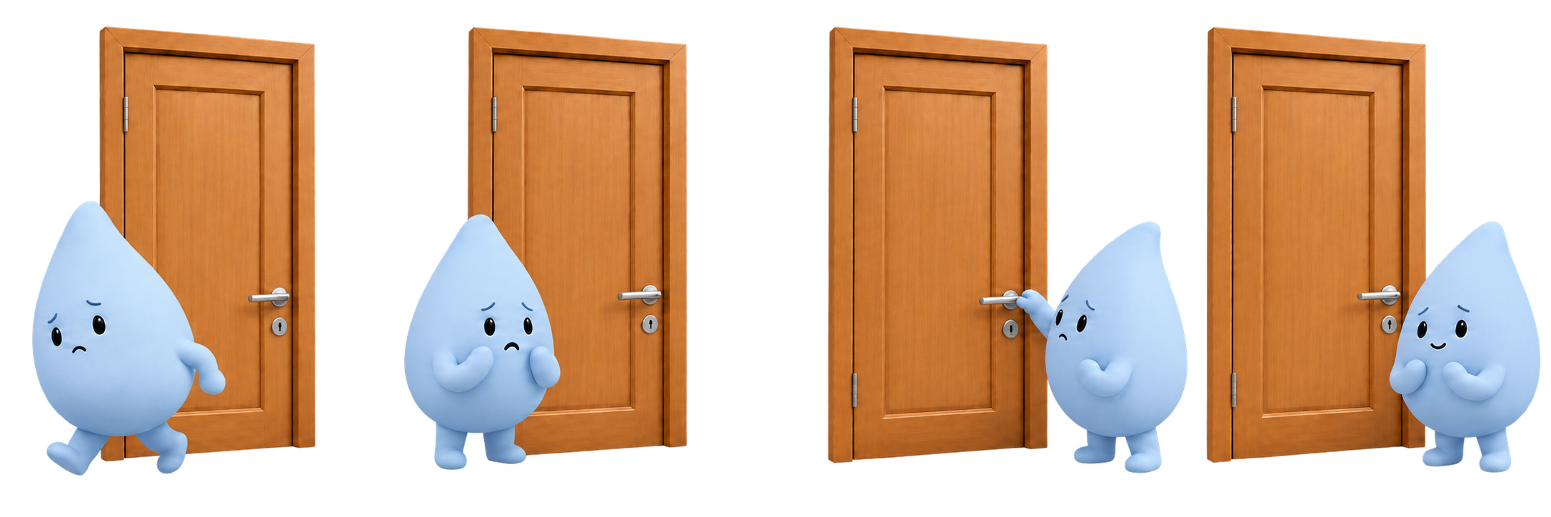 Cuatro escenas consecutivas de una mascota azul junto a una puerta: duda al alejarse, siente angustia, comprueba la manilla y experimenta alivio temporal.