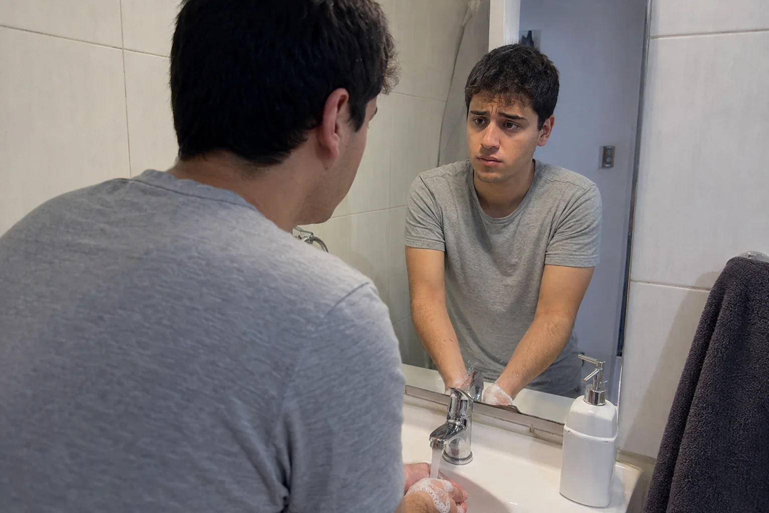 Escena ilustrativa generada: un joven se lava las manos en el baño y observa su reflejo en el espejo con tristeza y preocupación