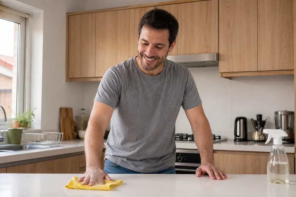 Escena ilustrativa generada: un hombre limpia la encimera de su hogar con una expresión feliz y relajada