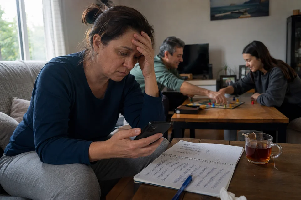 Mujer revisa una conversación en el celular y notas repetidas mientras su familia juega sin ella