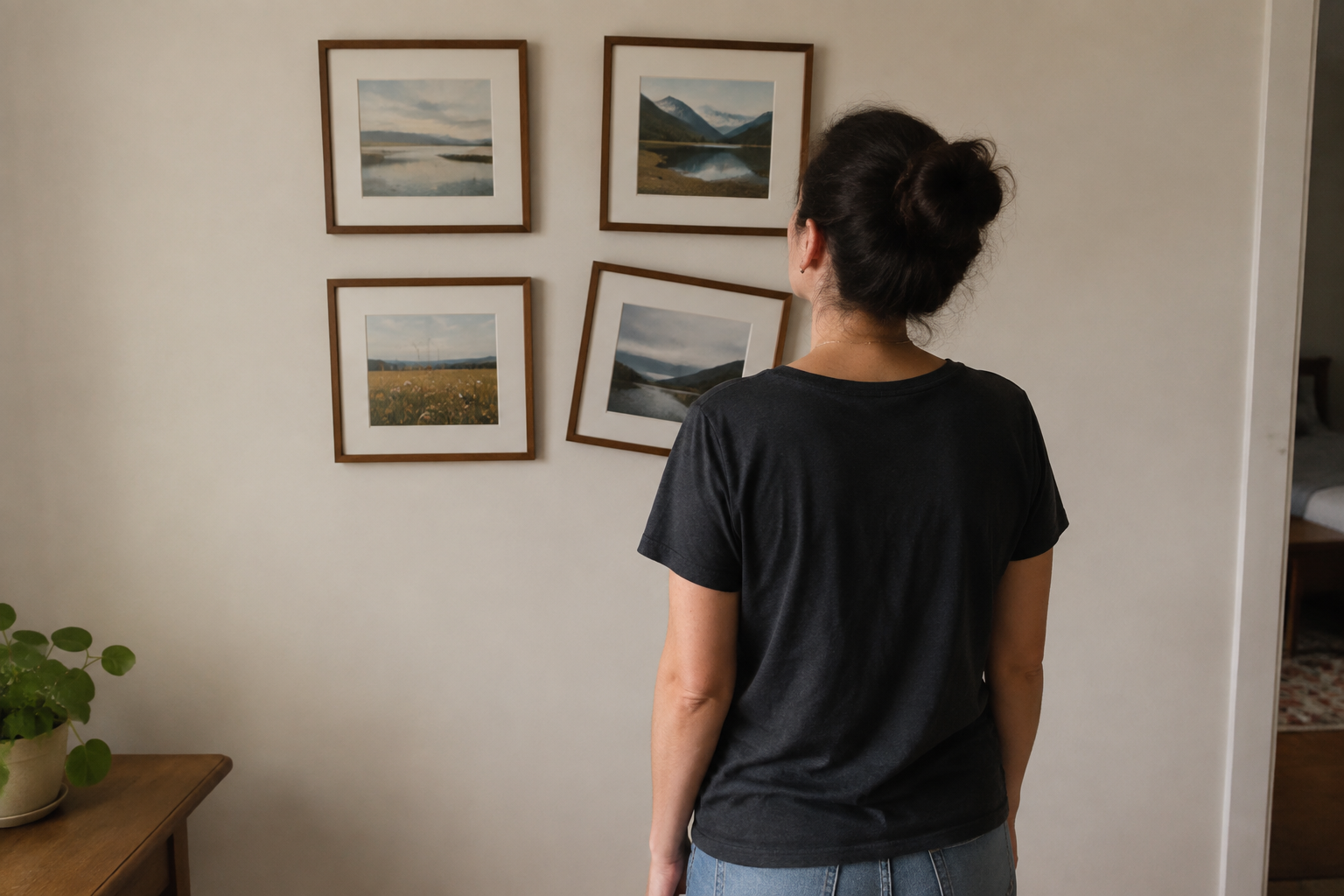 Persona de espaldas observando cuatro cuadros en una pared, uno de ellos desalineado