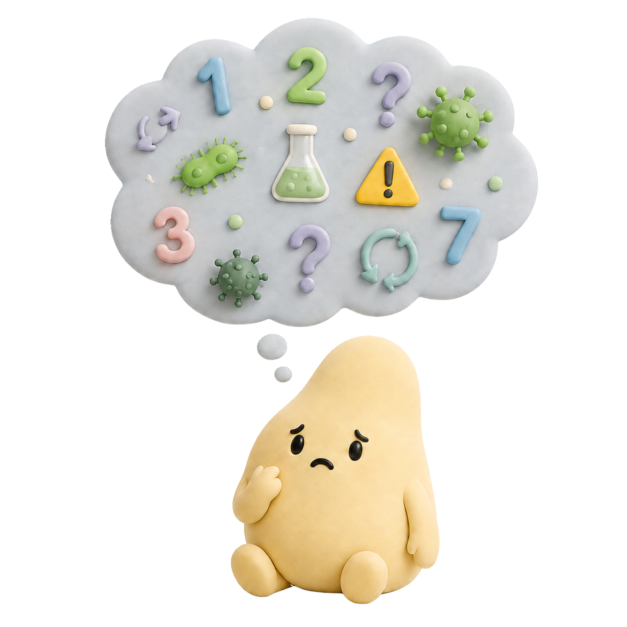 Mascota crema preocupada bajo una nube de preguntas e ideas intrusivas.
