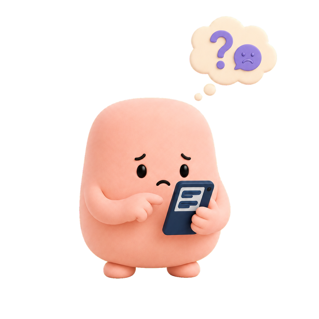 Mascota coral preocupada relee un mensaje en su celular mientras imagina una reacción negativa