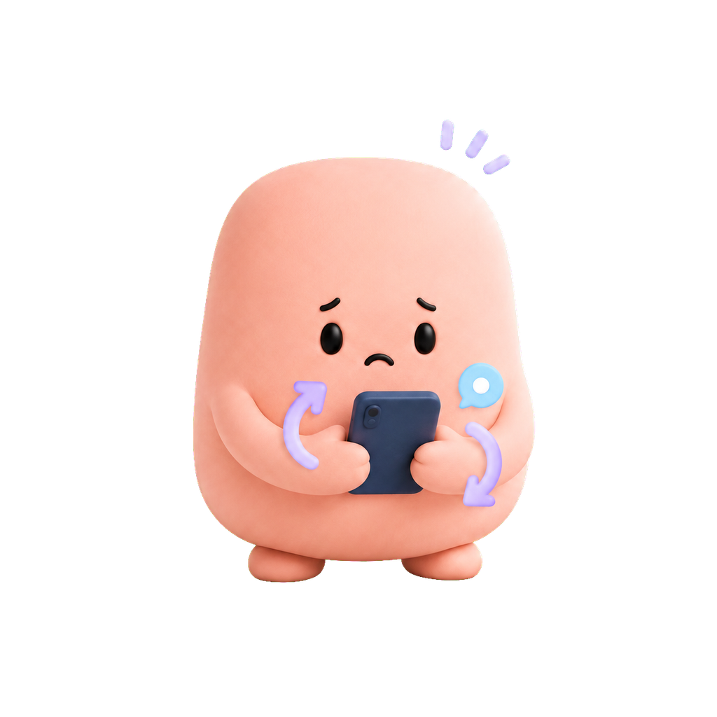 Mascota coral vuelve a revisar el celular con preocupación y flechas circulares que representan la repetición