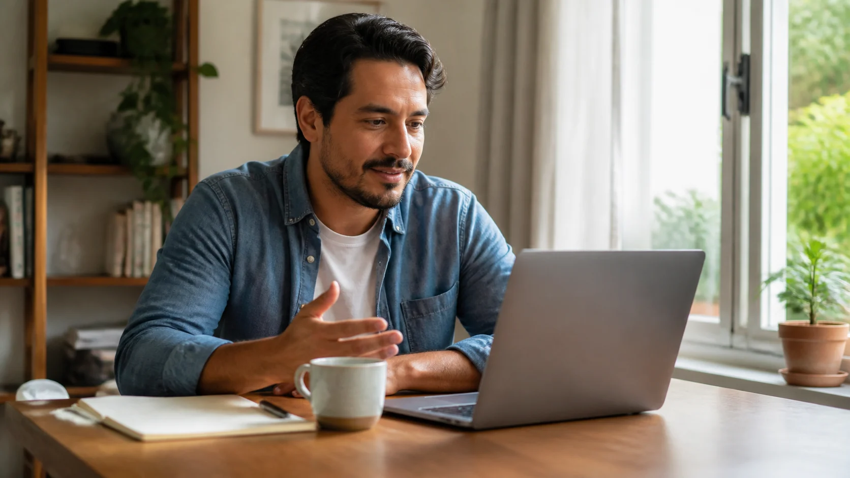 Persona conversa por videollamada desde una mesa luminosa con un cuaderno y una taza