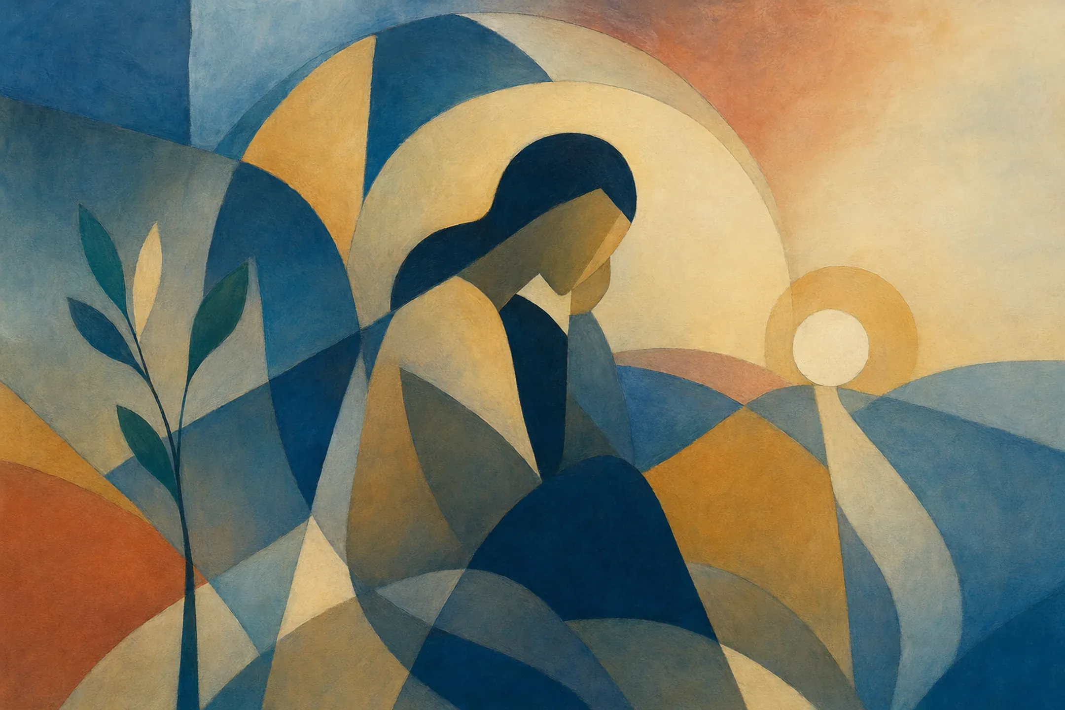 Ilustración cubista de una figura humana contemplativa entre planos azules y ocres, con una forma luminosa al fondo que sugiere acompañamiento y avance gradual.