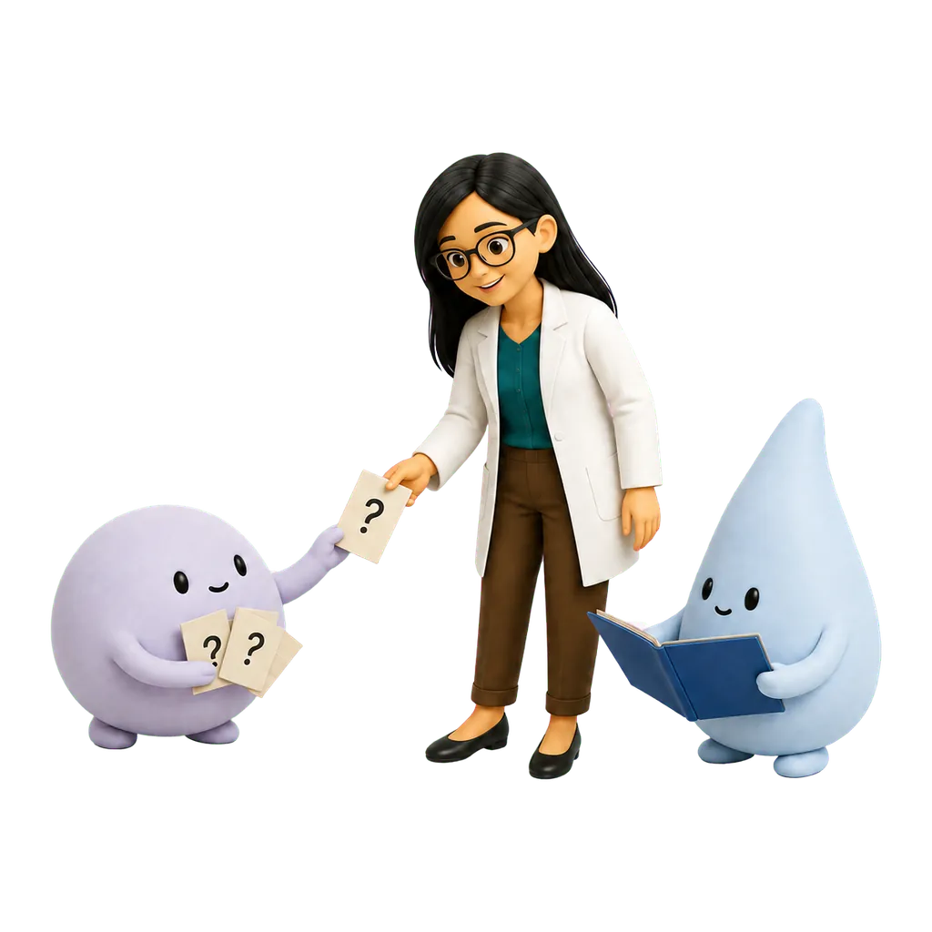 La mascota lila lleva sus preguntas a la psicóloga acompañada por la mascota azul.