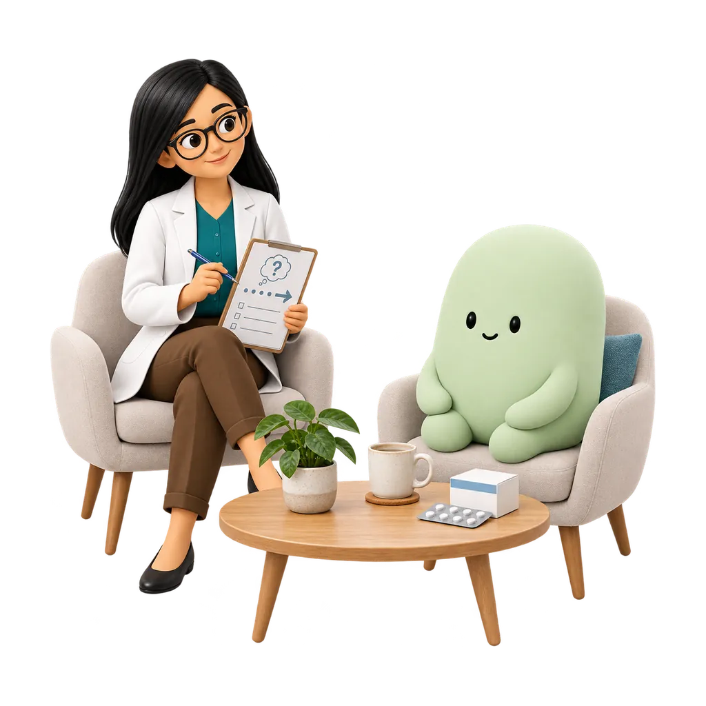 La psicóloga acompaña a la mascota verde durante una práctica terapéutica; una hoja de trabajo y medicación cerrada representan opciones de tratamiento.