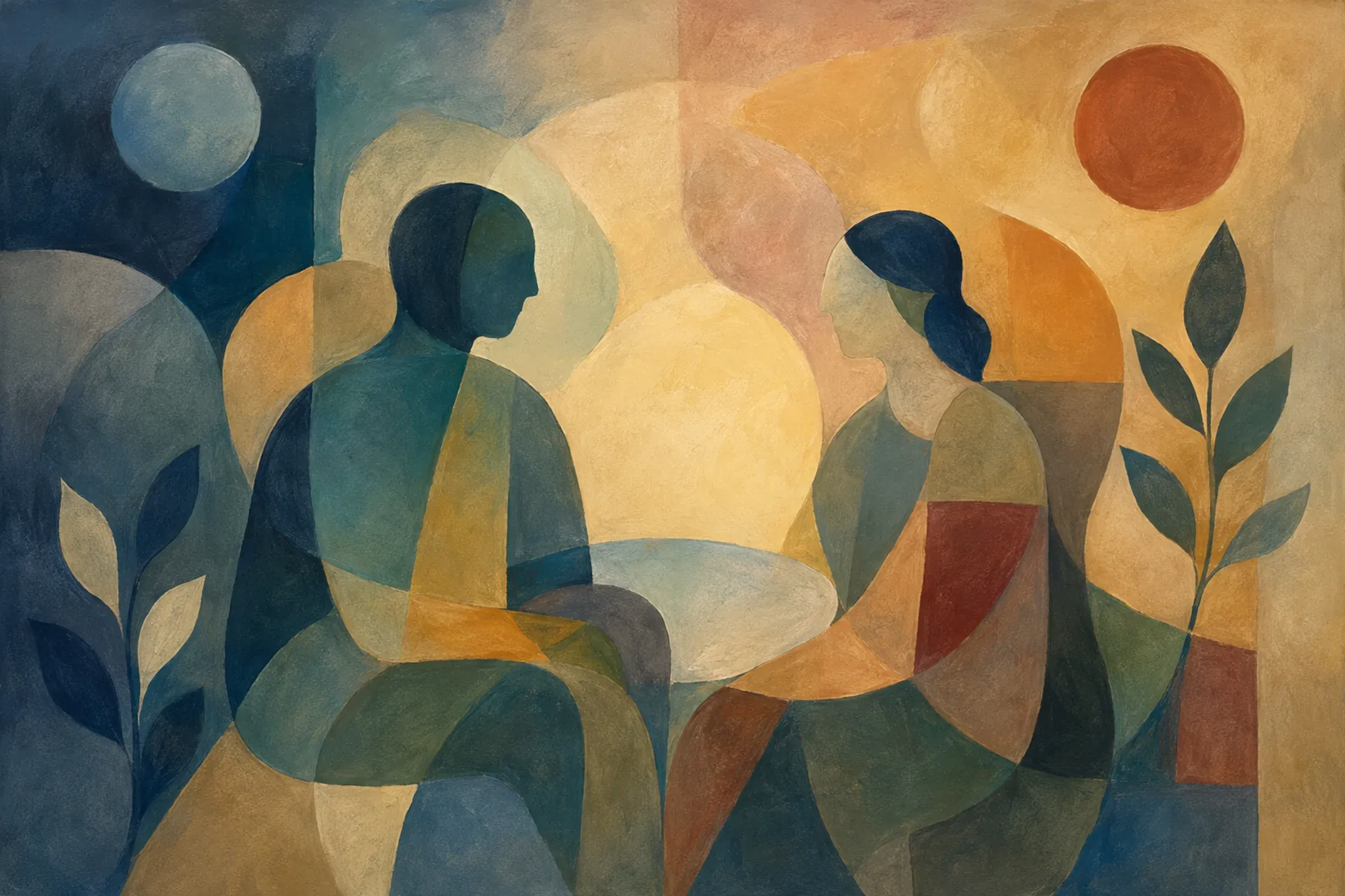 Ilustración abstracta de dos figuras sentadas frente a frente, entre formas orgánicas azules, verdes y terracota que sugieren diálogo y esperanza realista.
